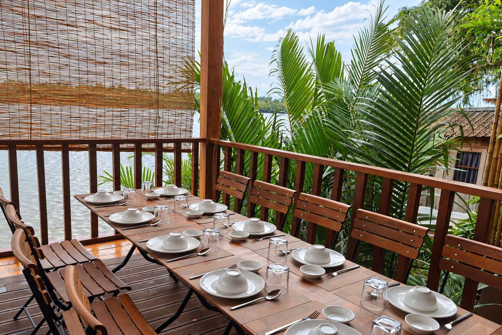 A laid table beside the timber railing with the river beyond